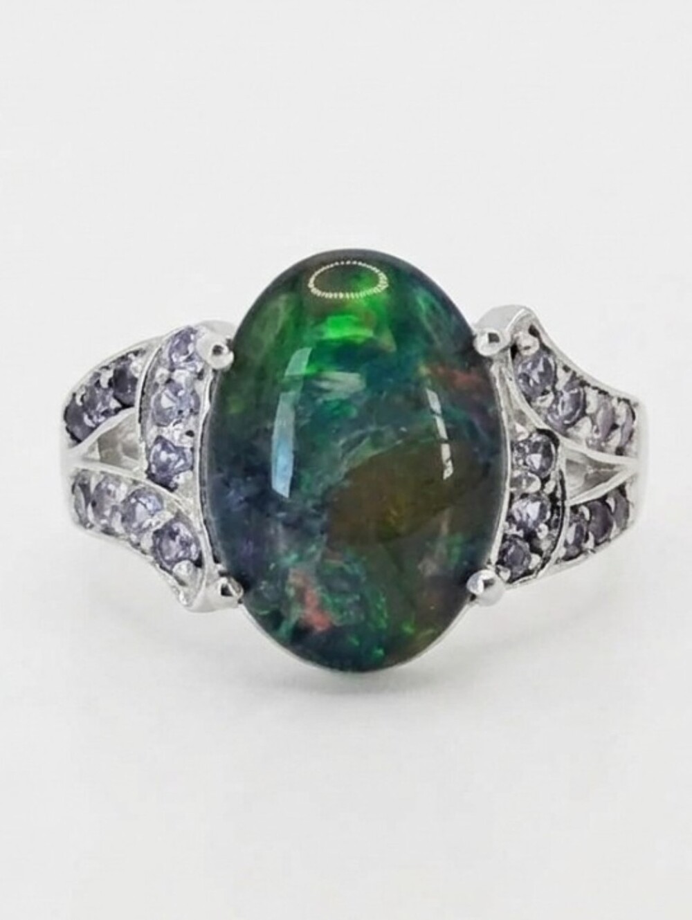 Genuine Australian Opal Triplet & Tanzanite Ring Sterling Silver Size 7!